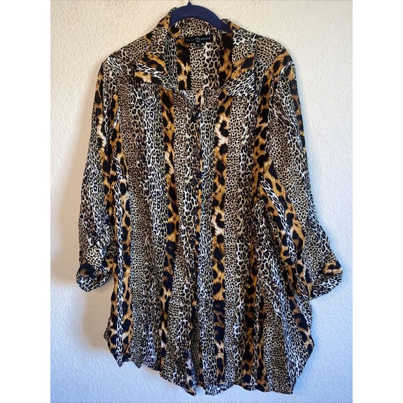 Fred David Leopard shirt blouse 1X High Low Cut Roll Tab Sleeve Button mob - Picture 1 of 9